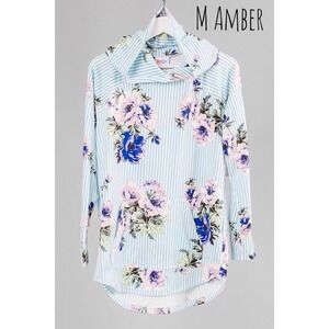 Lularoe Amber Hoodie Blue Striped Floral Medium Long Sleeve Light Weight